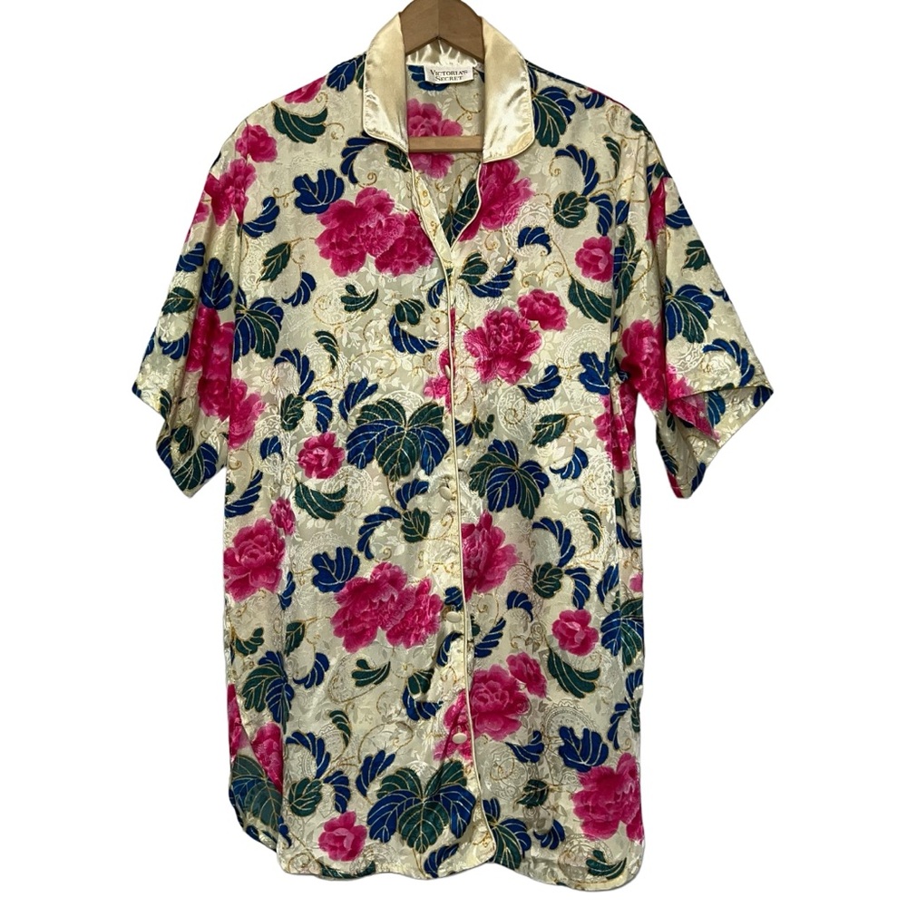 VTG Gold Label Victoria's Secret Floral Satin Nightgown Sleep Shirt Petite Small
